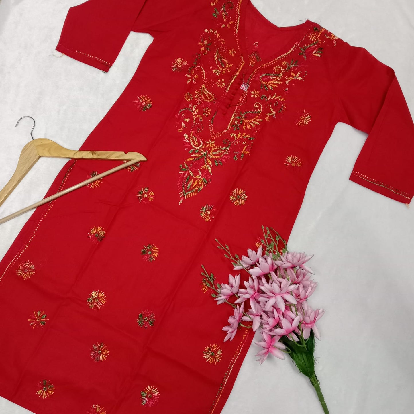 Pure Cotton Chikankari Multi Printed Embroidery Work Kurti - Red Colour - Chikankaar