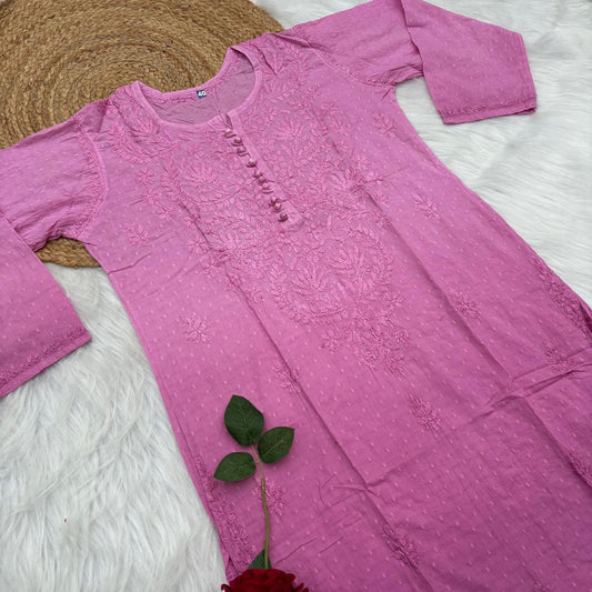 Farah Ombre Shaded Dobby Cotton Chikankari Kurti - Pink colour