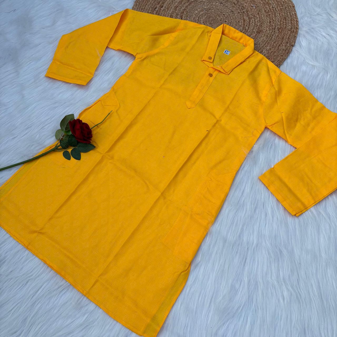 Ayaan Mens Cotton Chikankari Kurta -Yellow colour