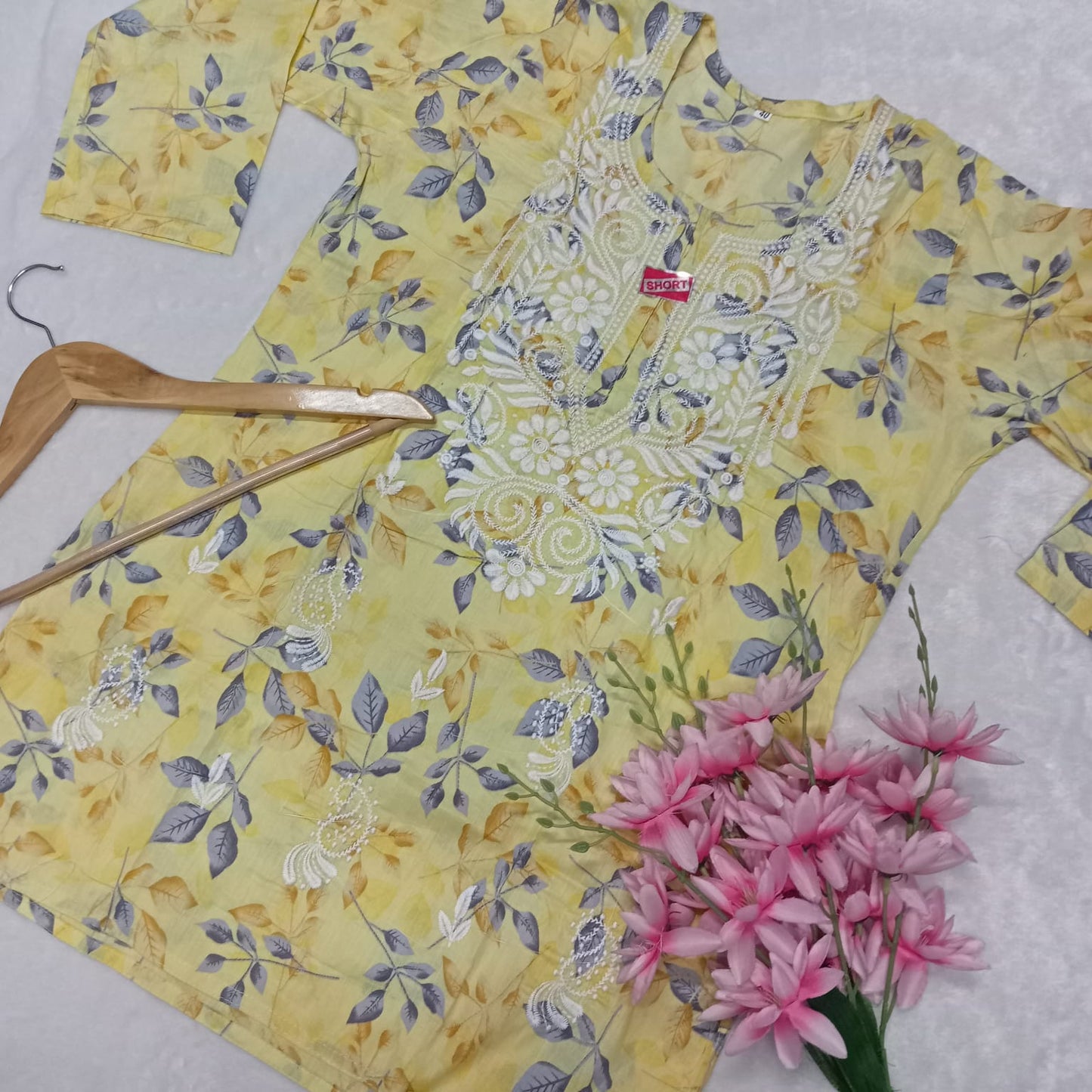 Mulmul Cotton Chikankari Short Kurti - Yellow Colour