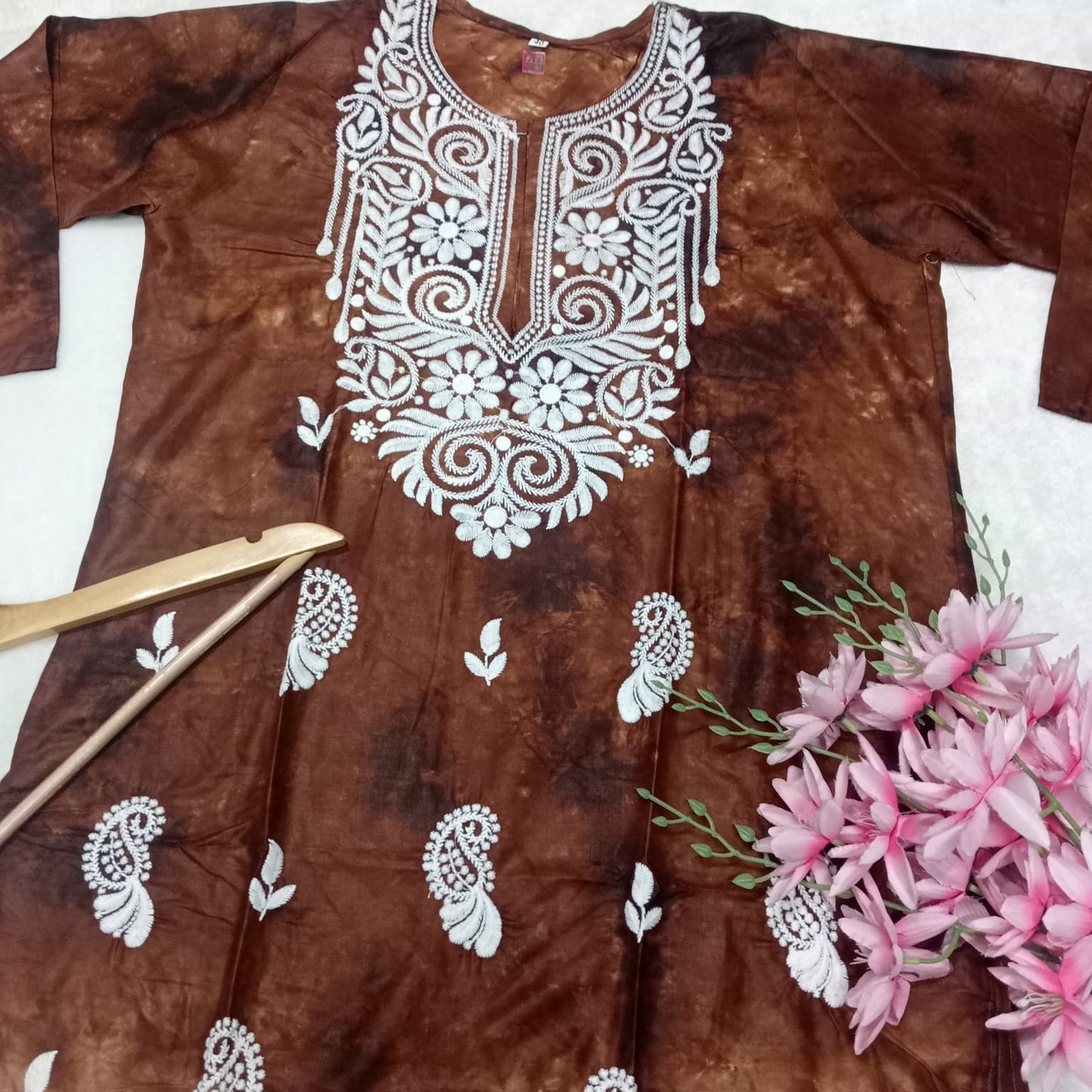 Rayon Tie & Dye Chikankari Machine Work Kurti -Brown Colour - Chikankaar