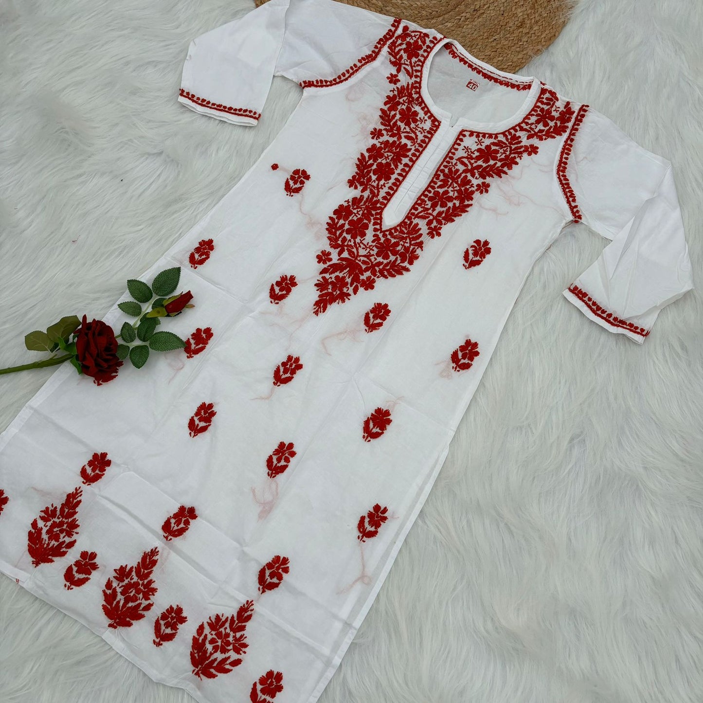 Shraddha Kapoor inspired Pure Cotton Chikankari Kurti - Red Colour - Chikankaar