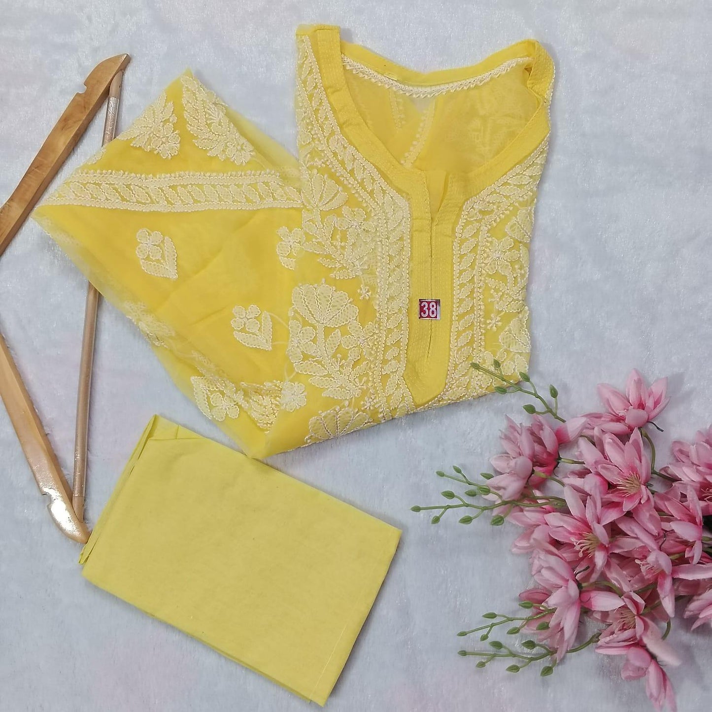 GRACEFUL GEORGETTE CHIKANKARI CROSS PANEL KURTI WITH INNER - YELLOW COLOUR - Chikankaar