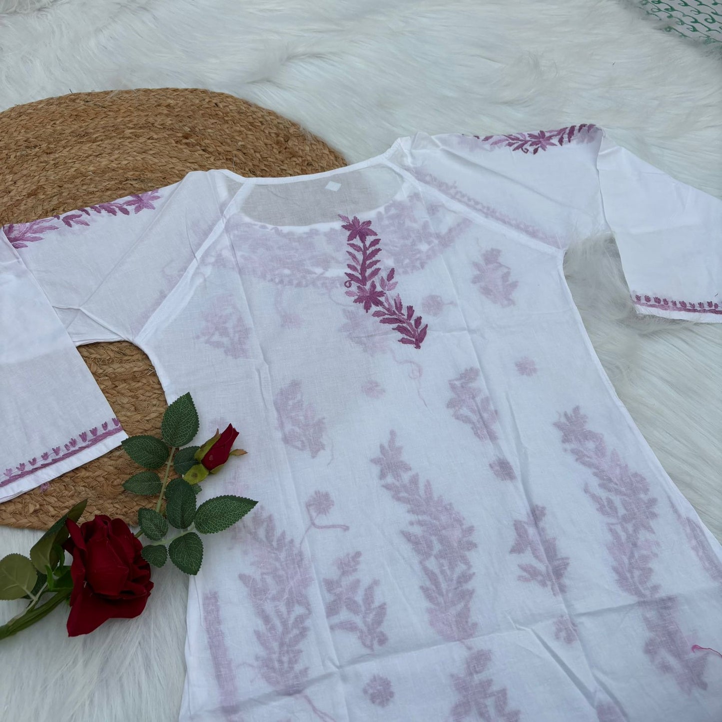 Alia Soft Rayon Chikankari Short Kurti - White Mauve Color - Chikankaar