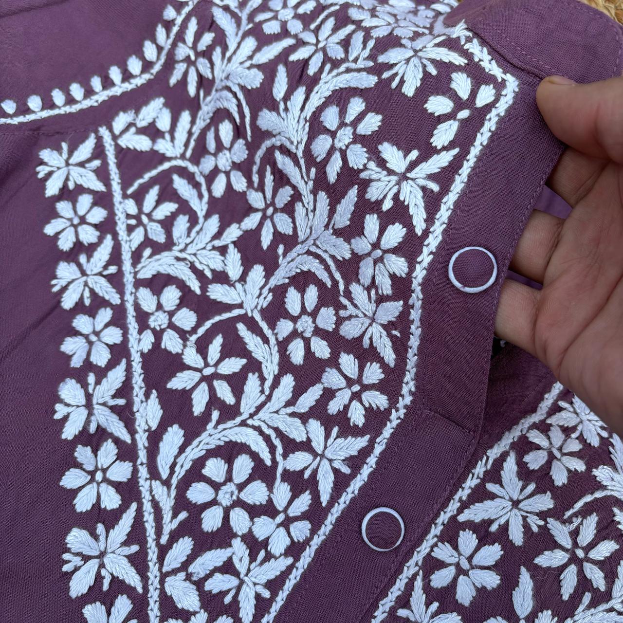 Rihana Rayon Chikankari Short Kurti Plazo Coord Set - Mauve colour - Chikankaar