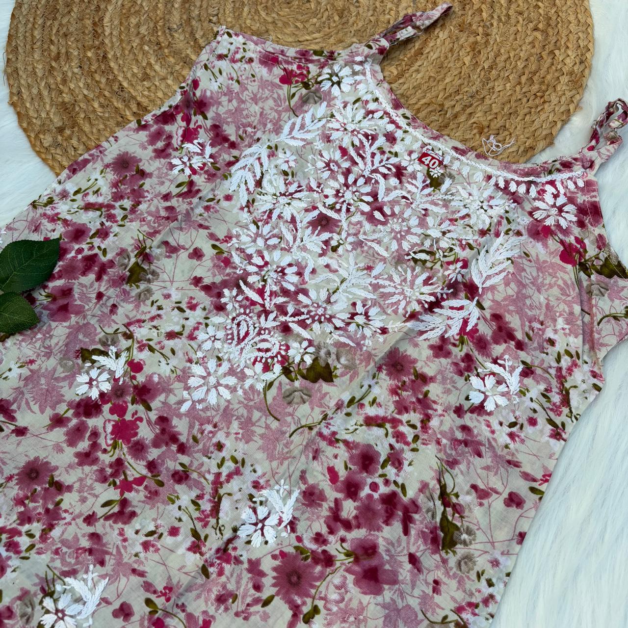 Hana Mulmul Chikankari Noodle Strap Short Kurti -Dark Pink colour (Length - 38")