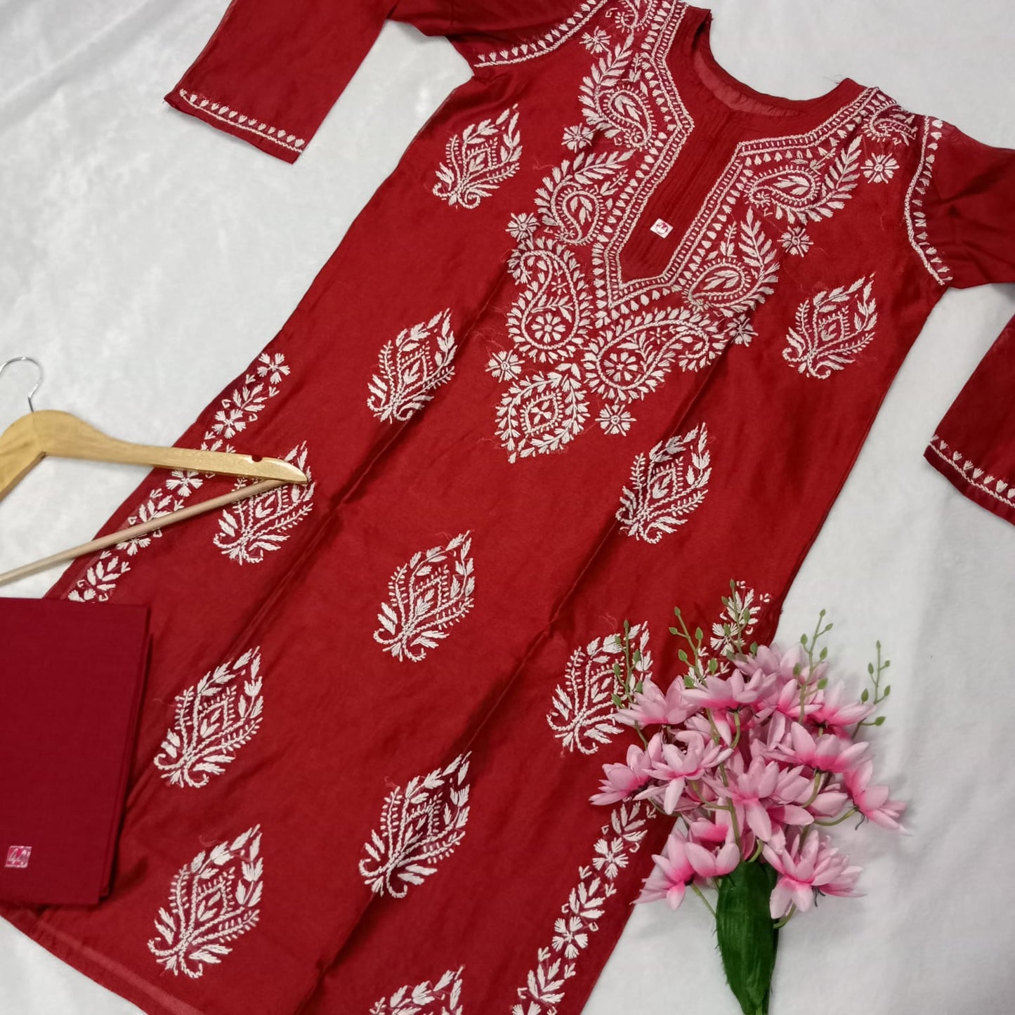 Soft Chanderi Silk Chikankari Kurti With Inner - Red Color - Chikankaar