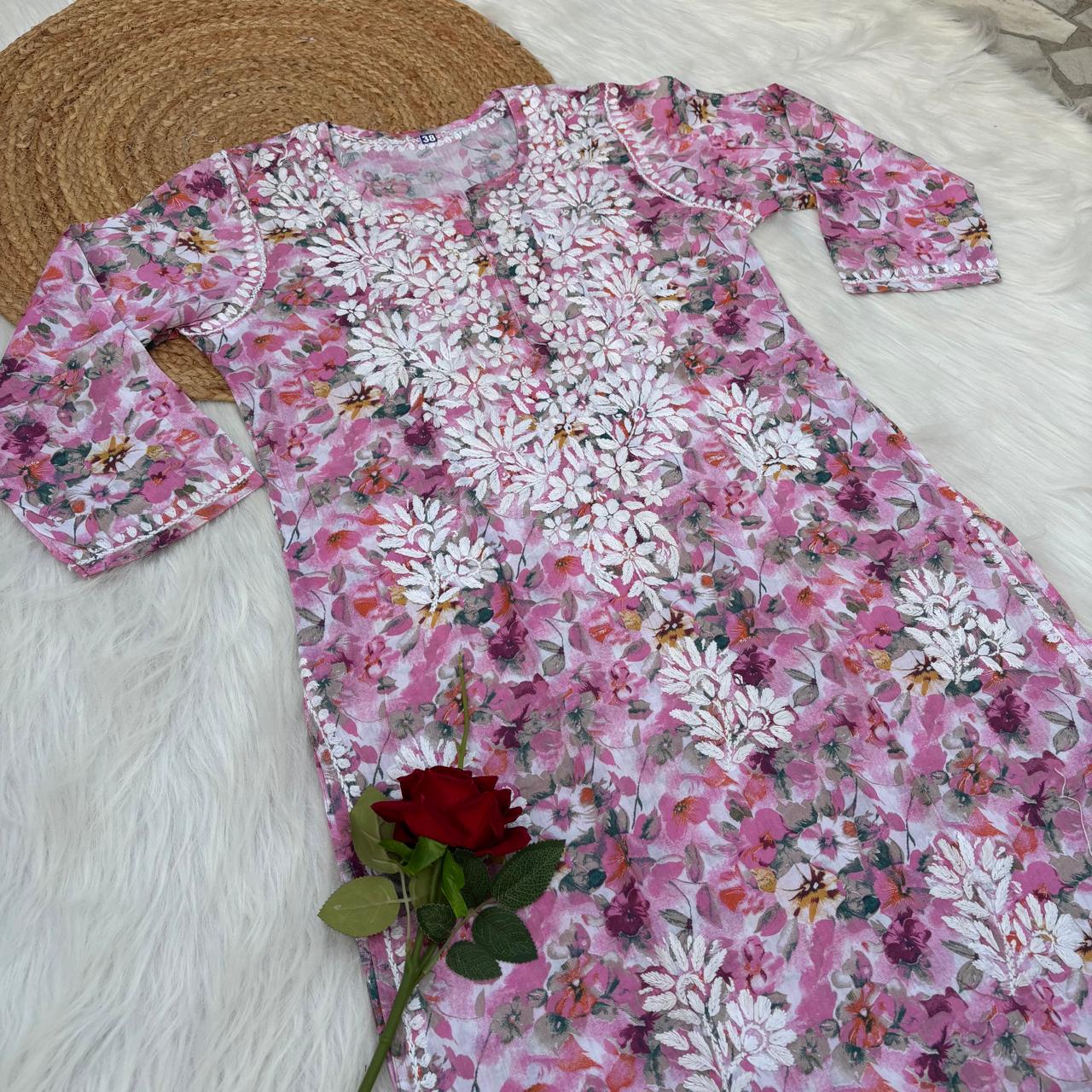 Yasmin Pure Mulmul Chikankari Handwork Kurti - Pink Colour