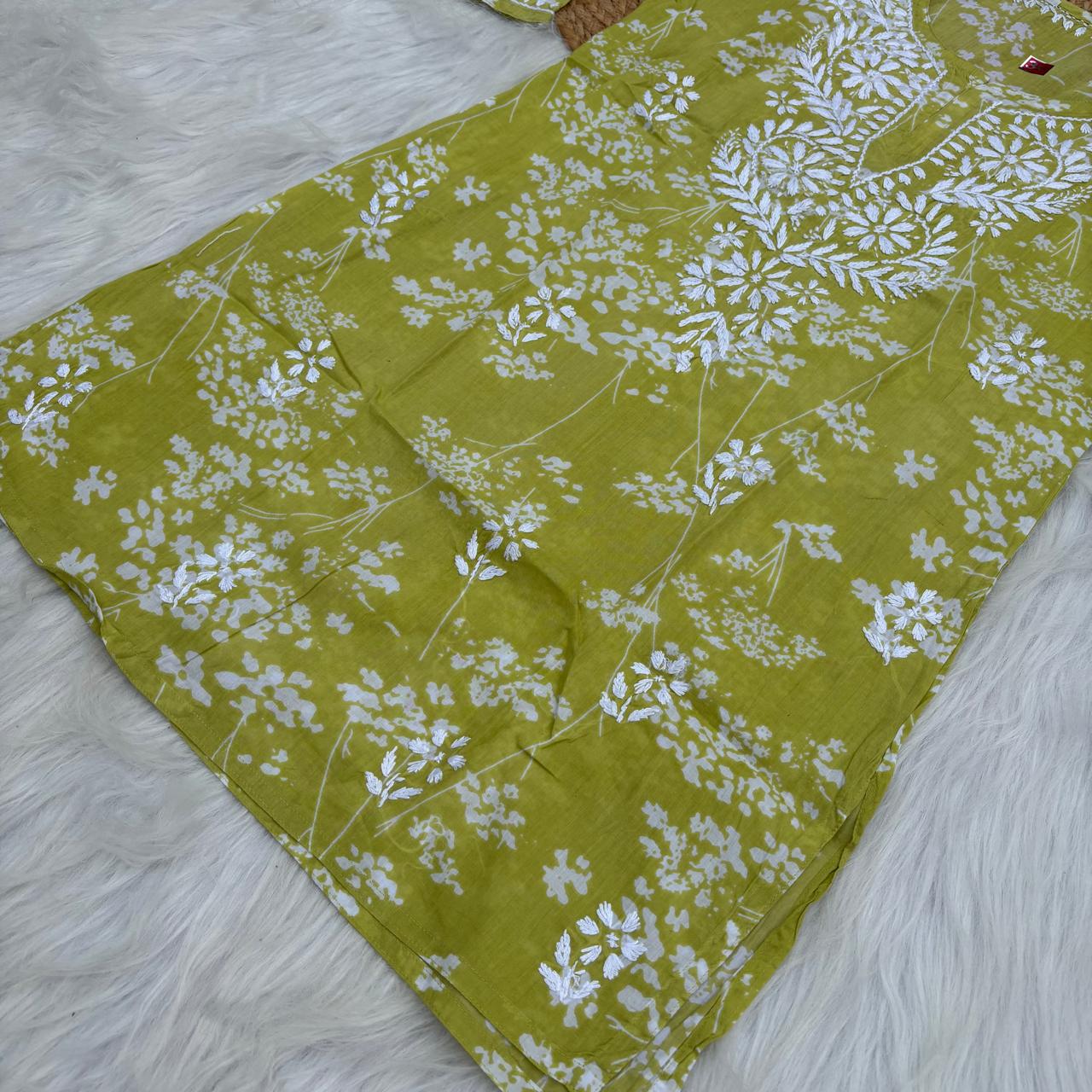 Malika Pure Mulmul Cotton Short Kurti - Green Colour
