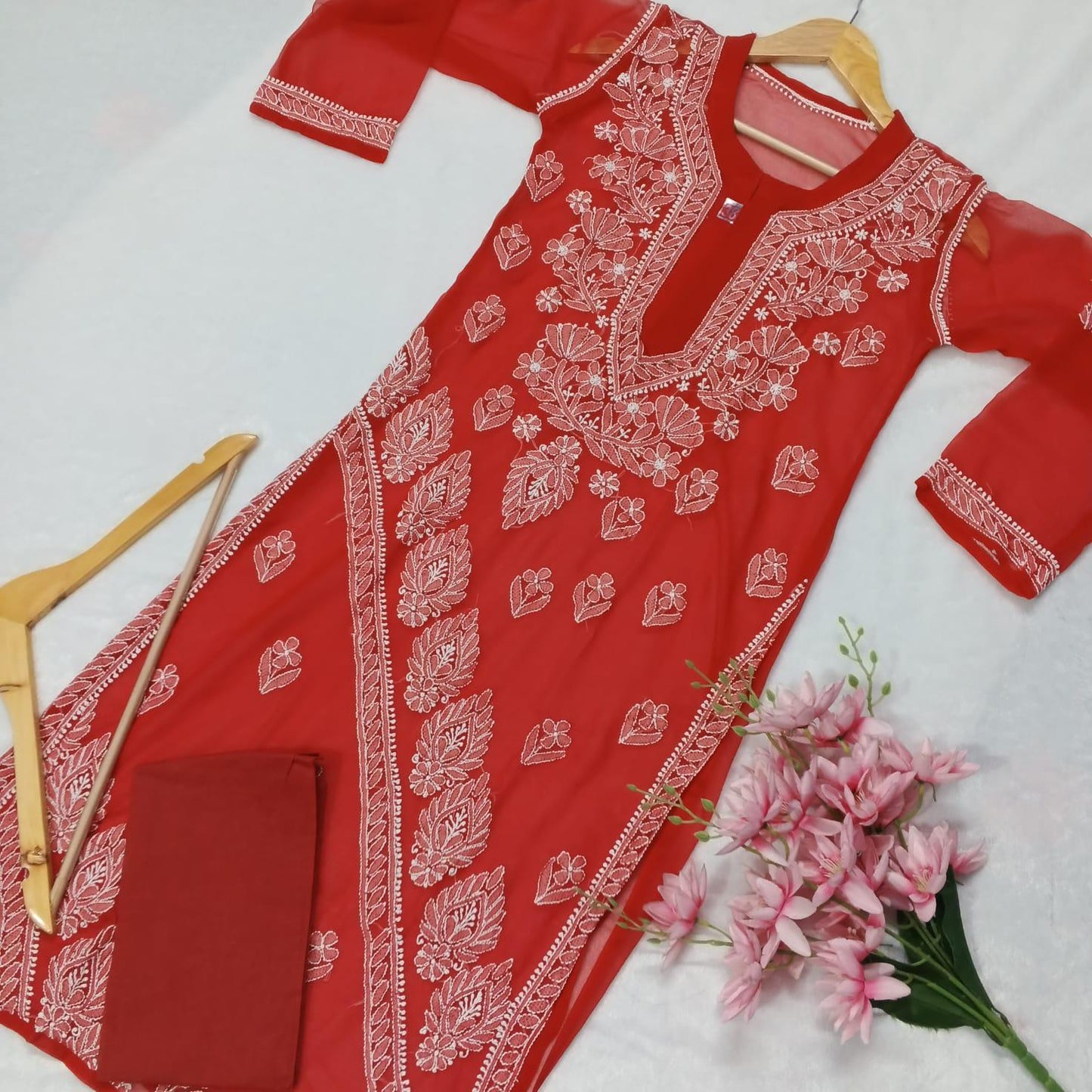 Graceful Georgette Chikankari Cross Panel Kurti With Inner - Red Colour - Chikankaar