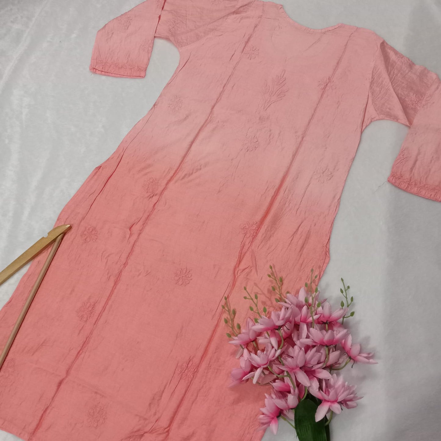 SOFT CHANDERI DUAL SHADED CHIKANKARI KURTI - PEACH COLOR - Chikankaar