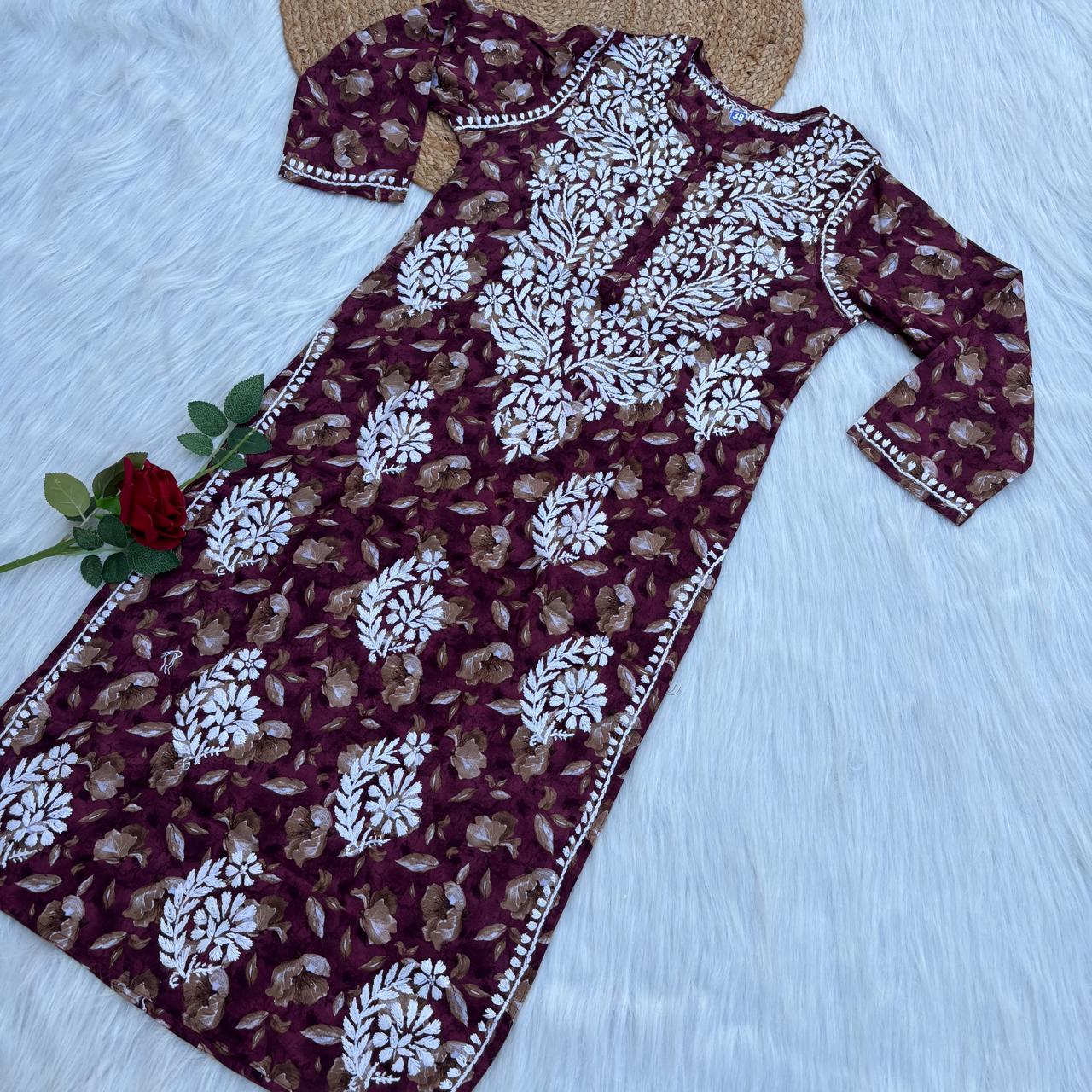 Sana Pure Mulmul Chikankari Handwork Kurti - Wine Colour