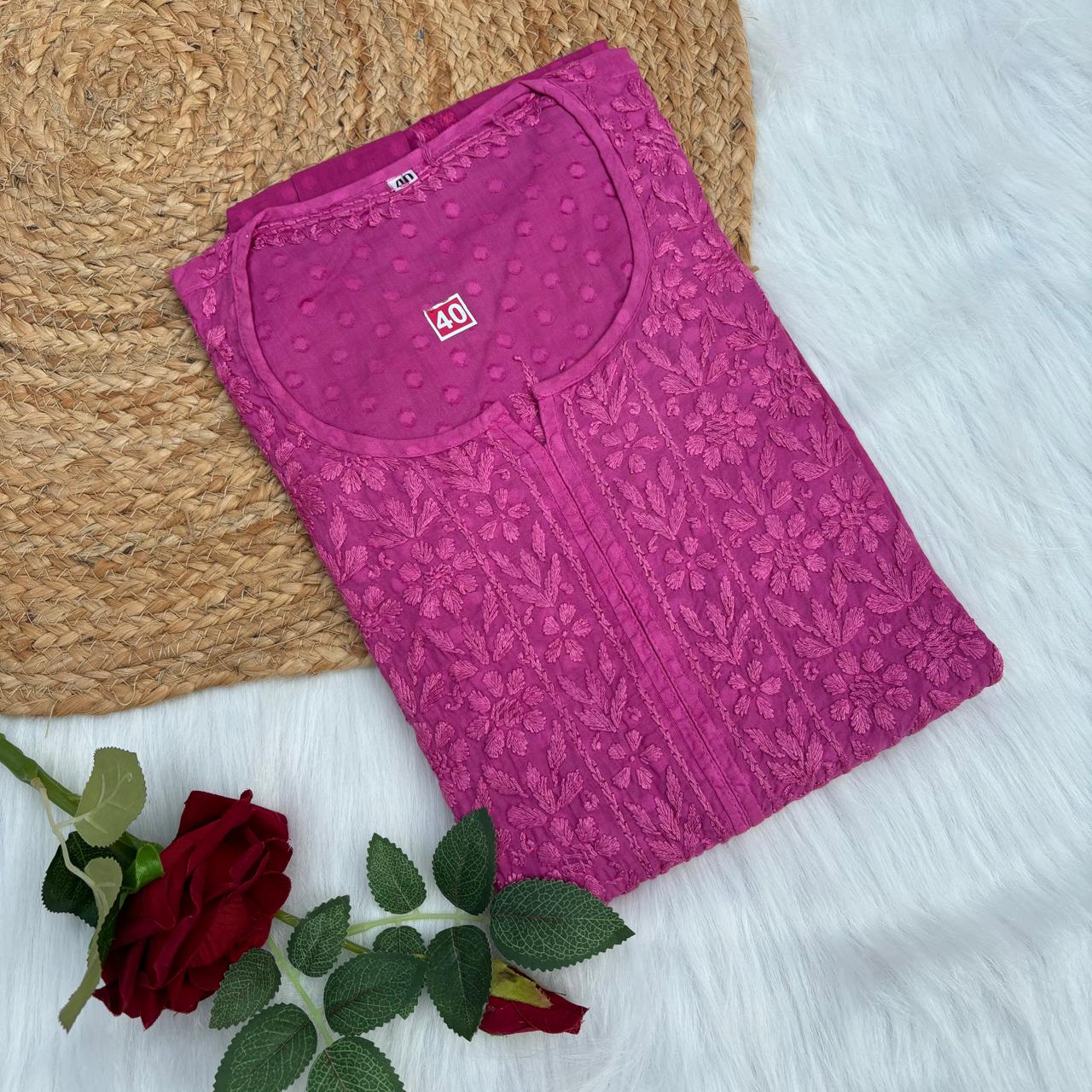 Aliya Dobby Cotton Nyra Cut Chikankari Aline Kurti - Fucshia Colour - Chikankaar