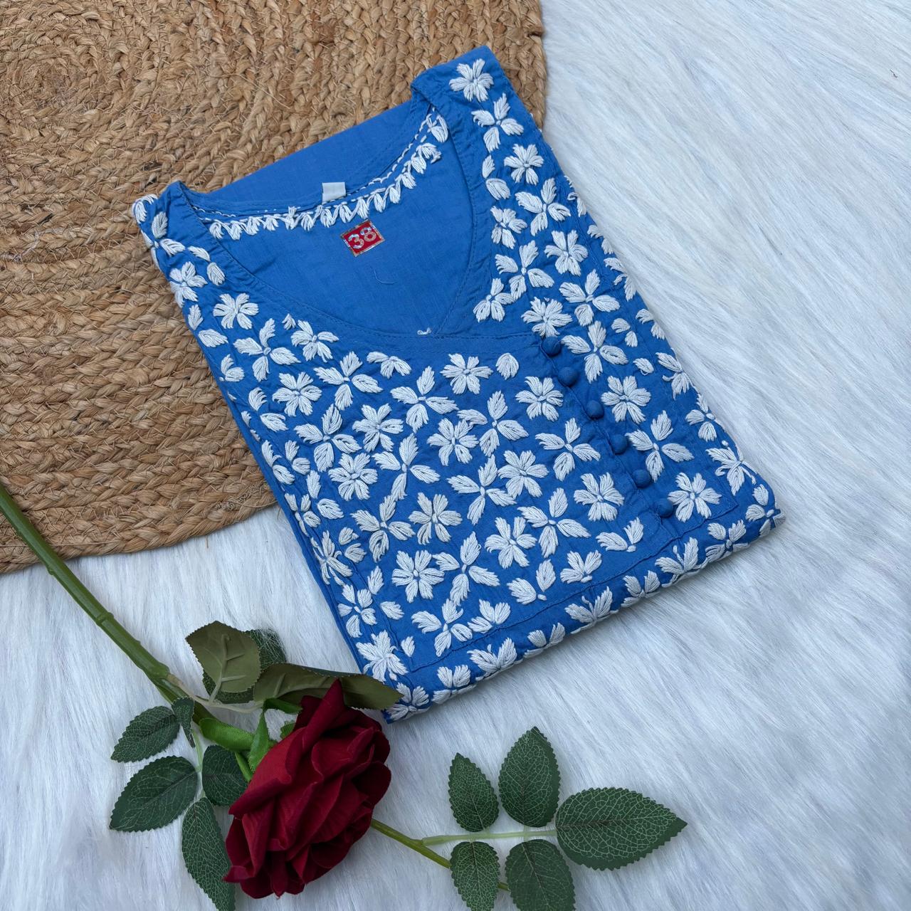 Sabeena Pure Cotton Chikankari Kurti Blue Colour