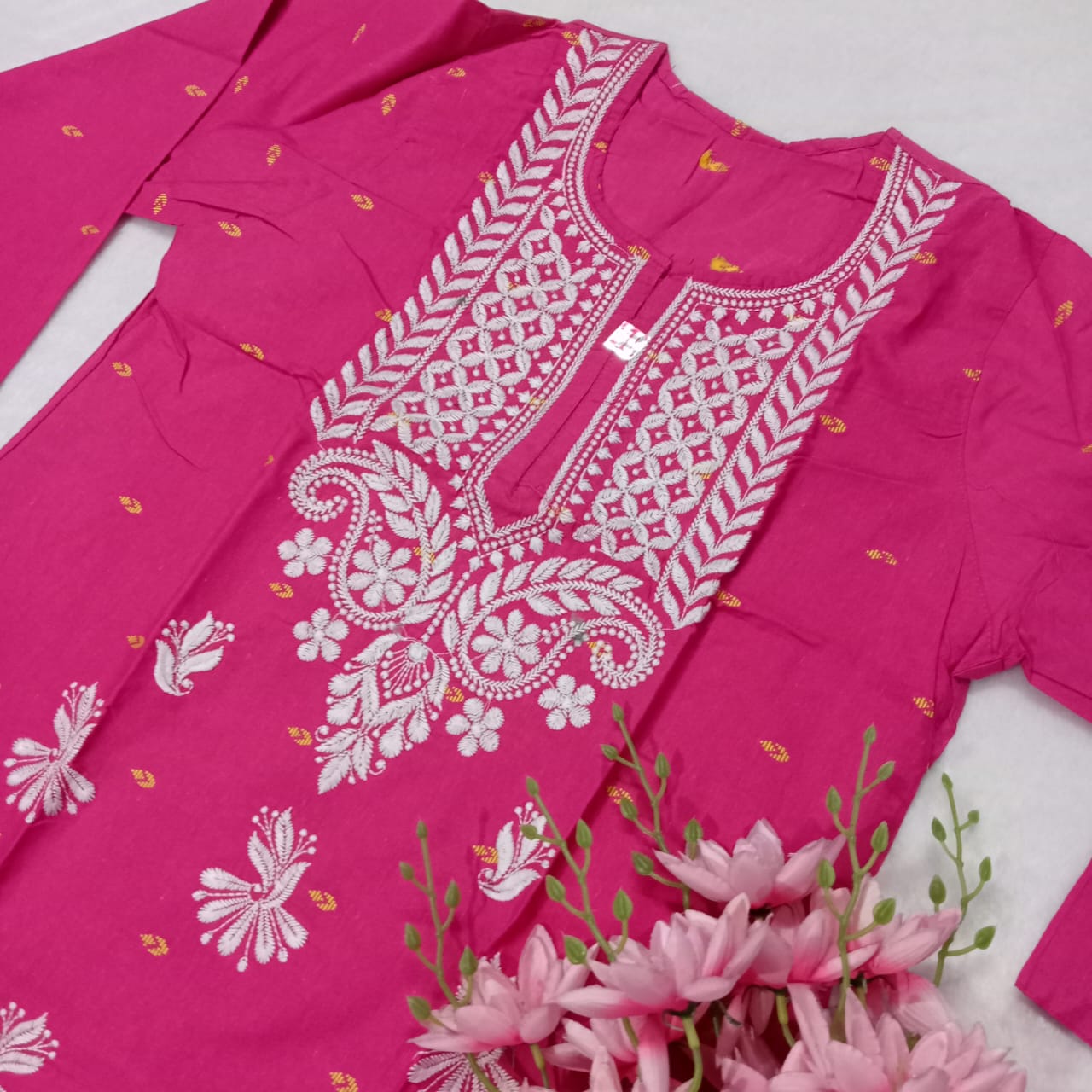 SOFT COTTON PRINTED CHIKANKARI MACHINE WORK KURTI -RANI COLOUR - Chikankaar