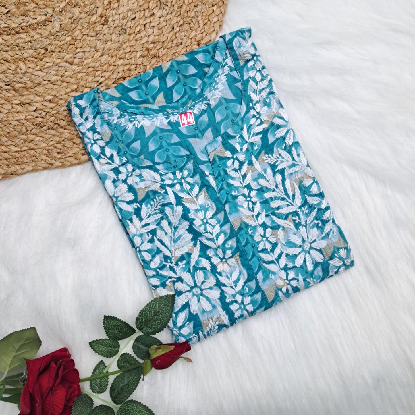 Pure Mulmul Chikankari Handwork Kurti -Sea Green Colour - Chikankaar