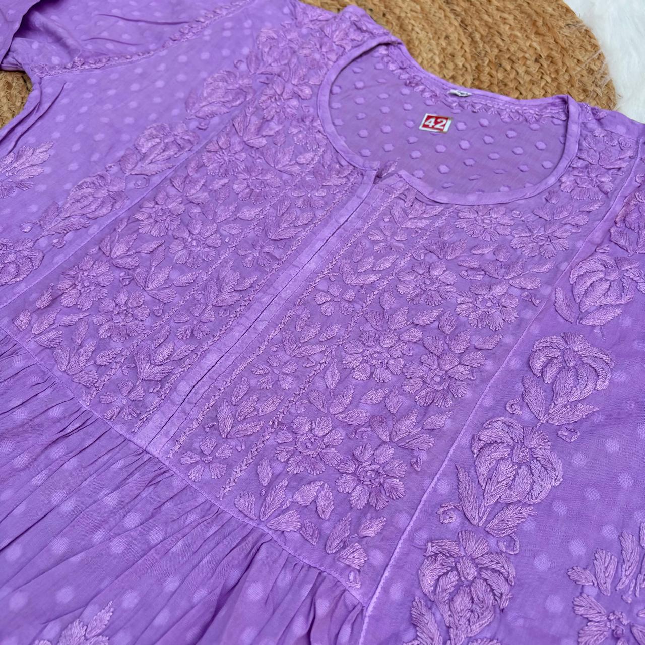 Aliya Dobby Cotton Nyra Cut Chikankari Aline Kurti - Purple Colour - Chikankaar