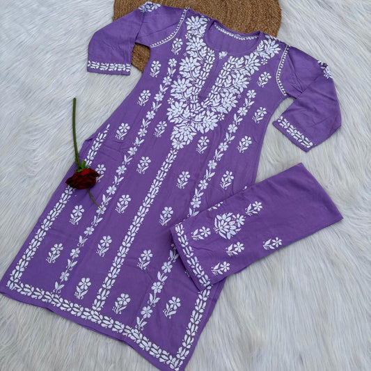 Samara Rayon Handwork Chikankari Kurti Plazo Set - Purple Colour