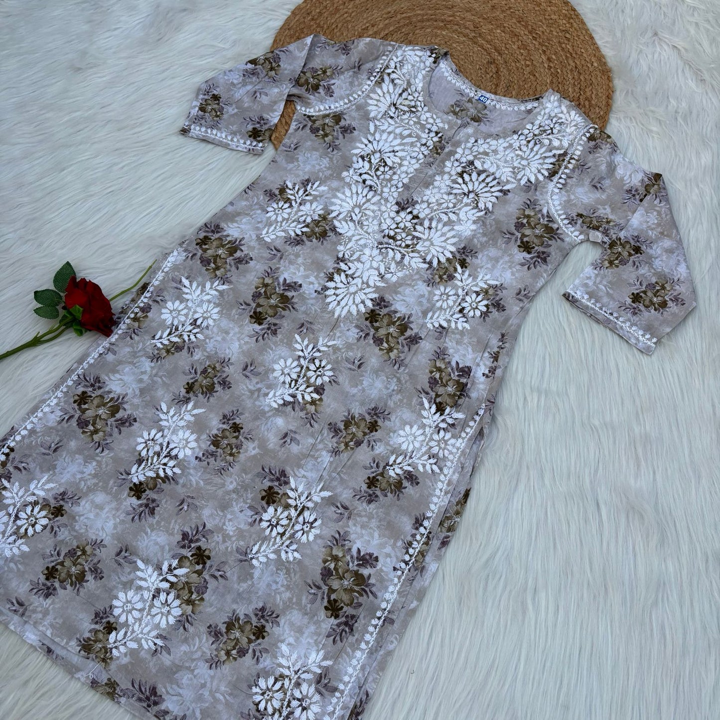 Fawziya Pure Mulmul Chikankari Handwork Kurti - Brown Colour