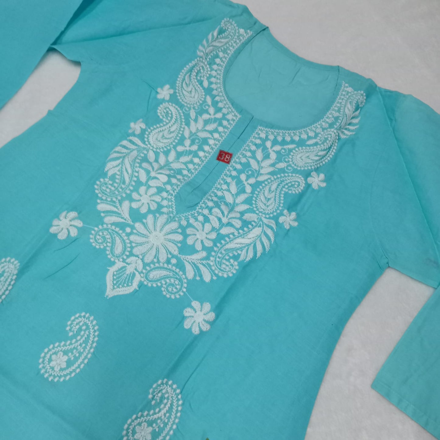Cotton Machine Work Chikankari Kurti - Sky Blue Color - Chikankaar