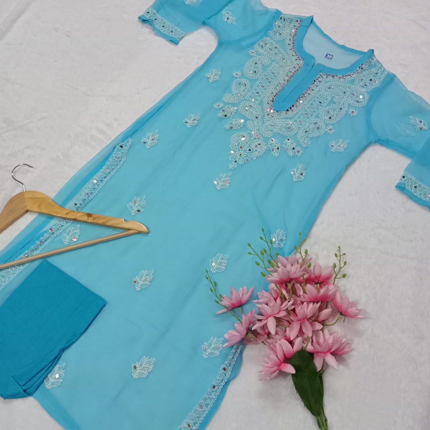 GEORGETTE MIRROR WORK CHIKANKARI KURTI WITH INNER- SKY BLUE - Chikankaar