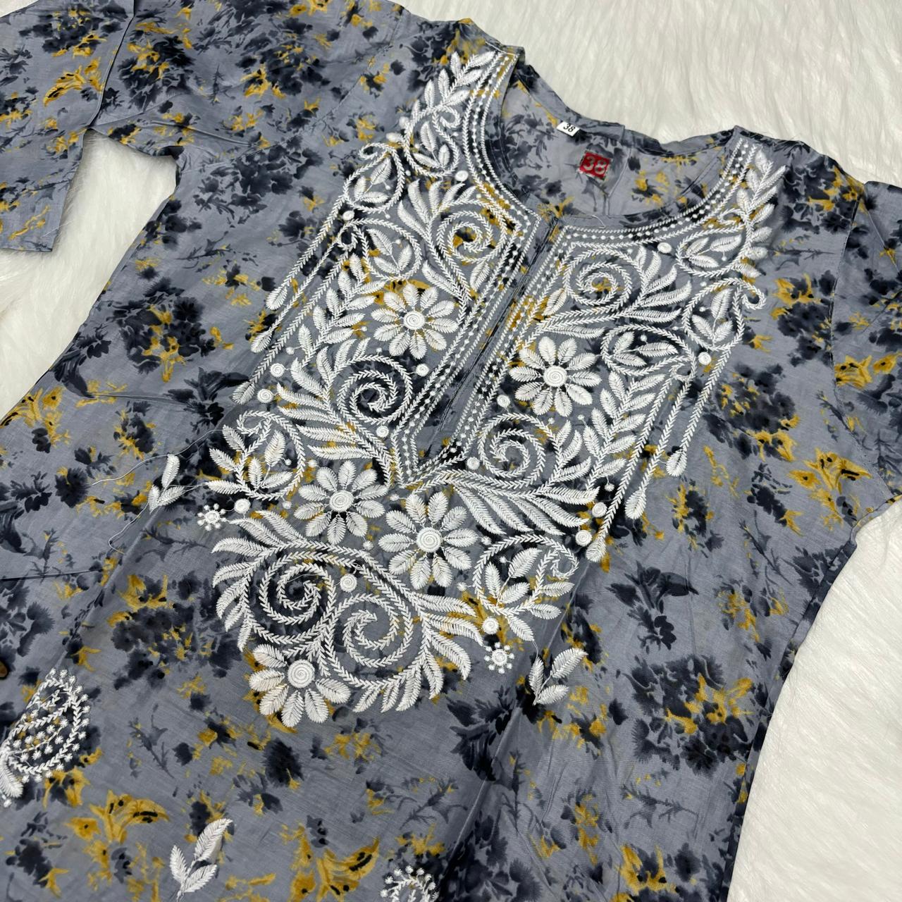 Mulmul Cotton Chikankari Machine Work Kurti - Grey Colour - Chikankaar