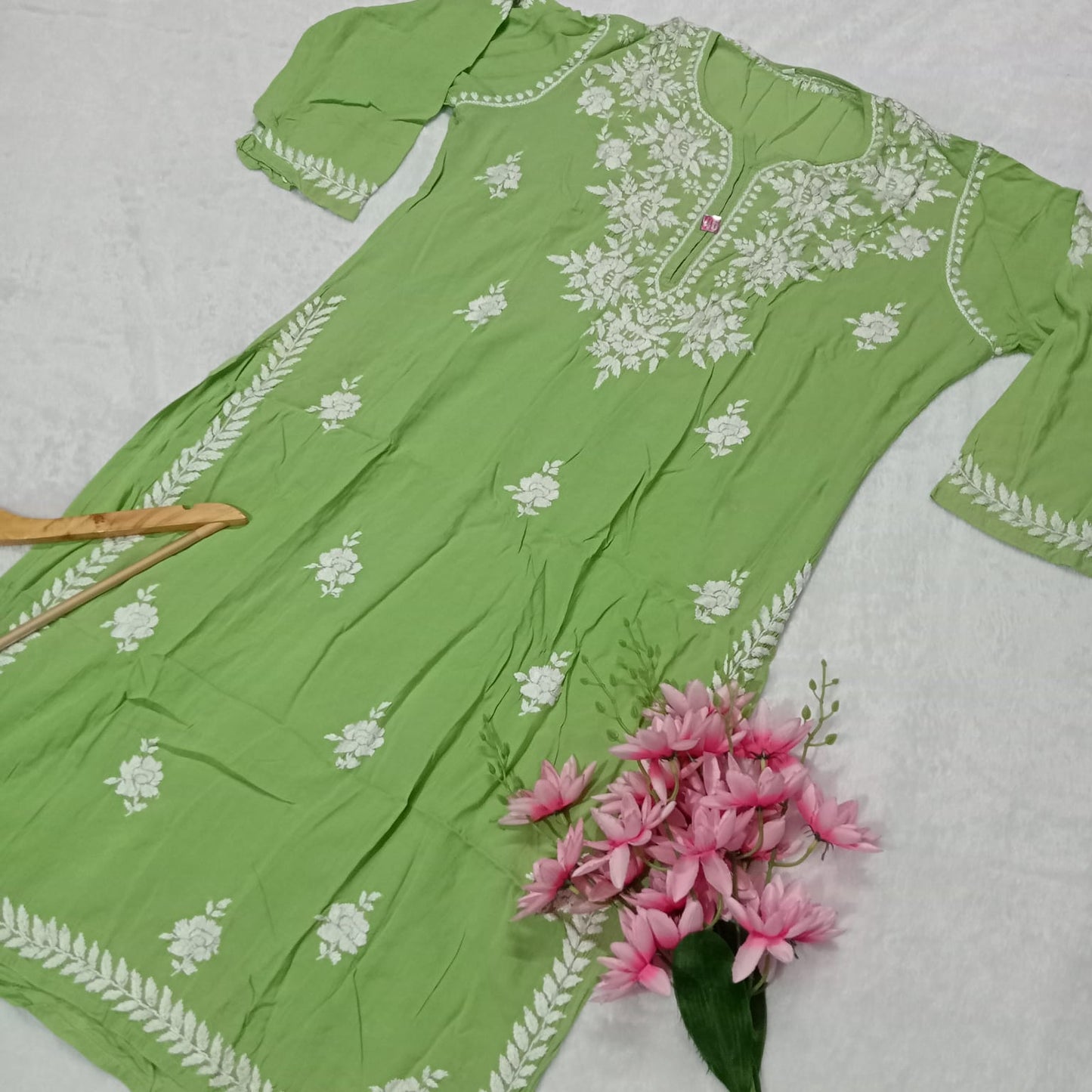 PREMIUM ROSE MODAL SILK CHIKANKARI KURTI - PARROT GREEN COLOUR - Chikankaar