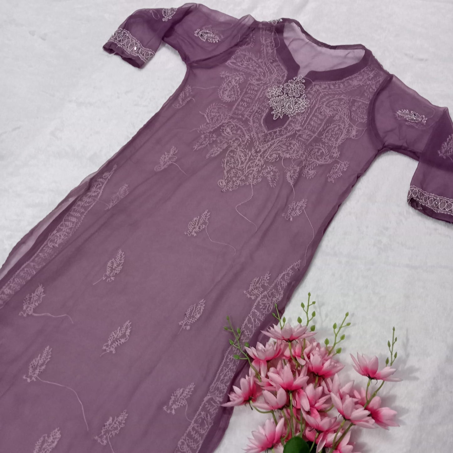 Georgette Mirror Work Chikankari Kurti With Inner- Light Mauve Colour - Chikankaar