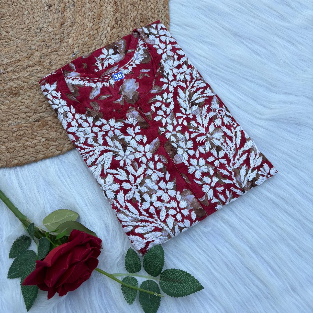 Sana Pure Mulmul Chikankari Handwork Kurti - Red Colour