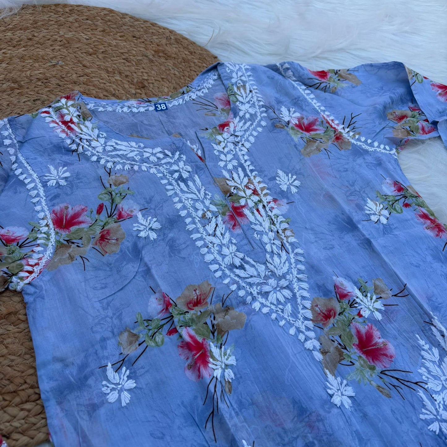 Rasha Pure Mulmul Chikankari Kurti - Blue Color