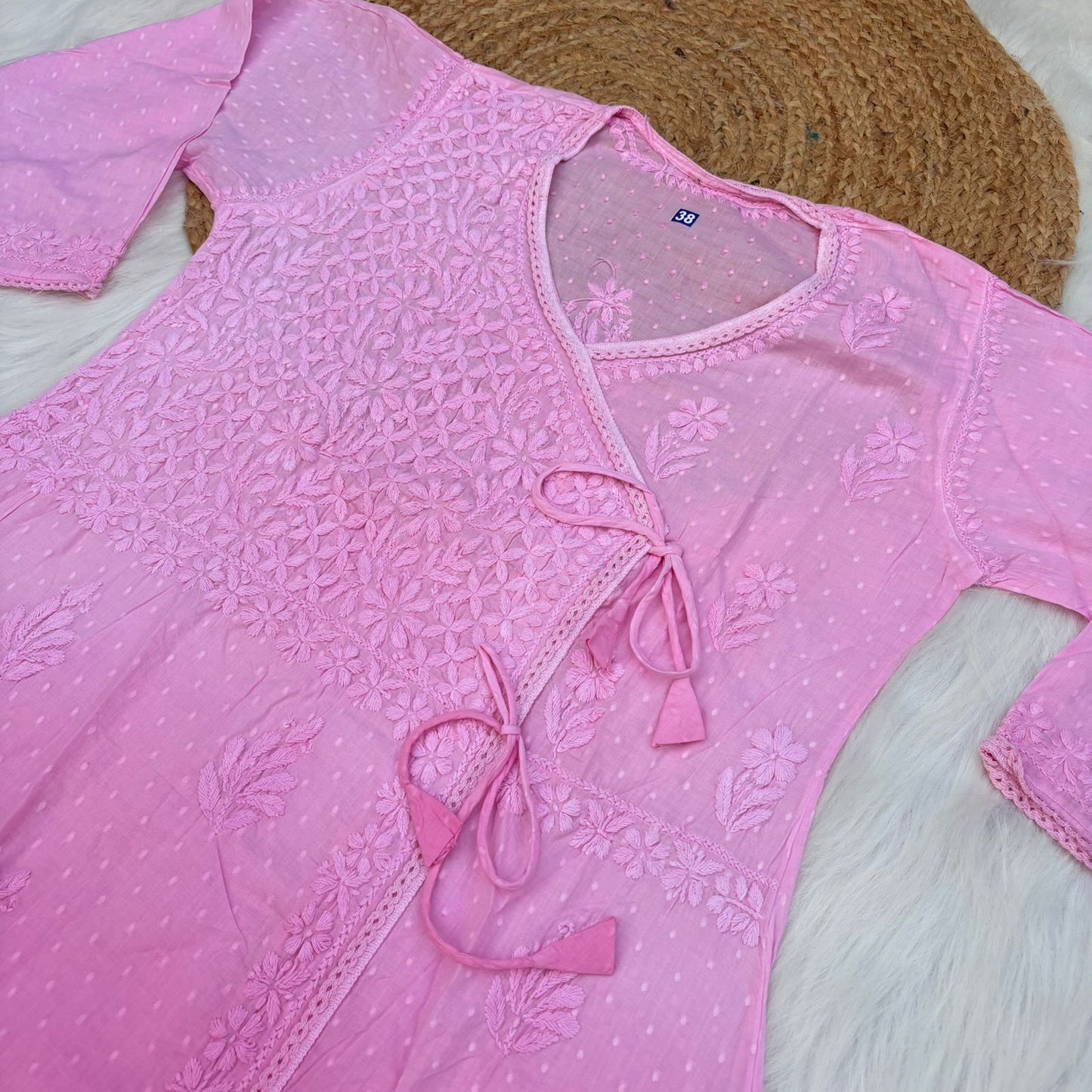 Shazia Ombre Shaded Dobby Cotton Chikankari Angarakha - Baby Pink Colour