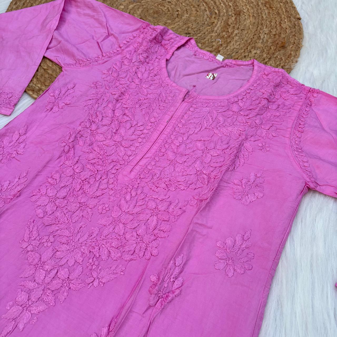 Zooni Chanderi Lucknowi Chikankari Dyed Kurti - Baby Pink