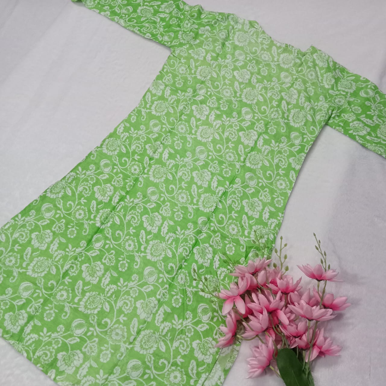 Mulmul Cotton Chikankari Machine Work Kurti -Parrot Green Colour - Chikankaar