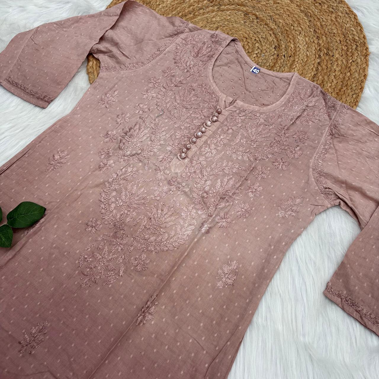 Farah Ombre Shaded Dobby Cotton Chikankari Kurti - Brown colour