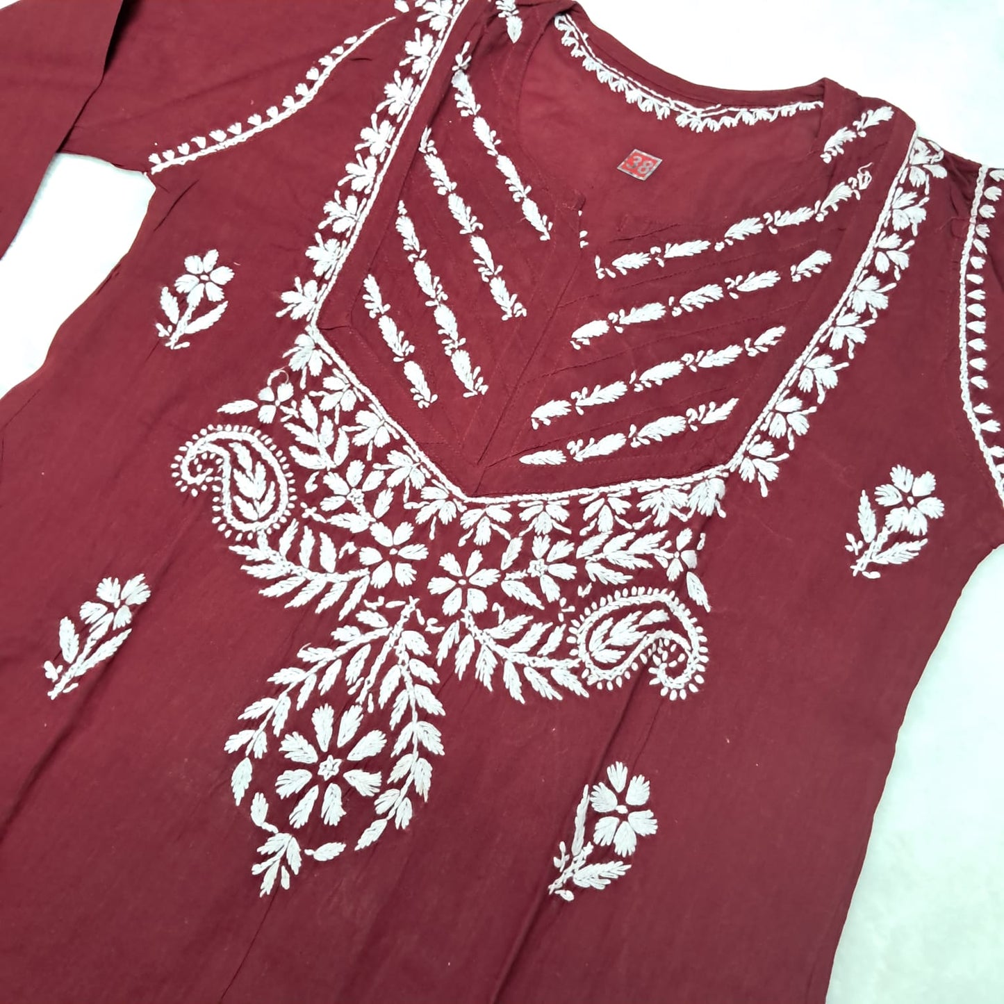 Adiva Pure Cotton Chikankari Handwork Kurti - Maroon Colour - Chikankaar
