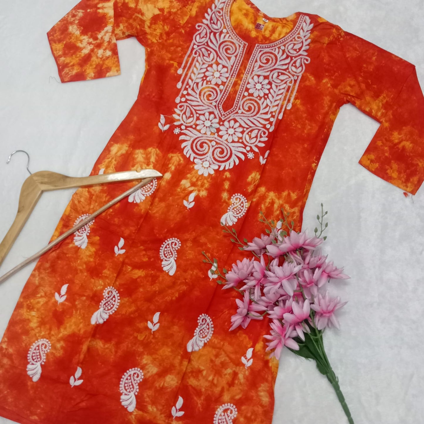 Rayon Tie & Dye Chikankari Machine Work Kurti- Orange Colour - Chikankaar