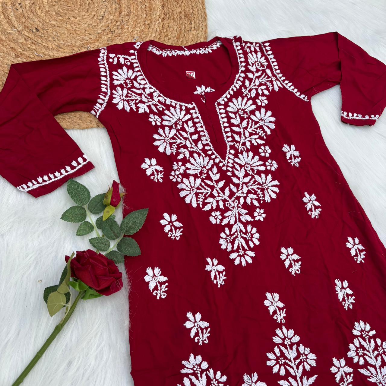 Ina Soft Rayon Chikankari Short Kurti - Maroon Colour - Chikankaar