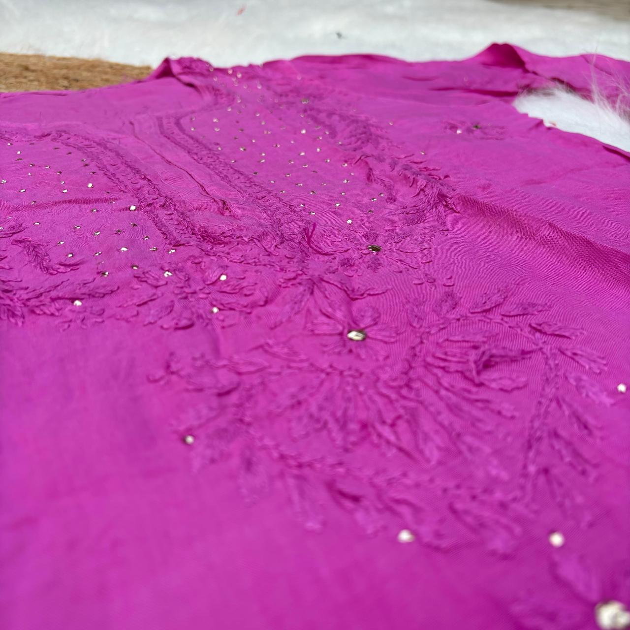 Rakul Preet Inspired Chikankari Muslin Kurti with Mukaish Work - Fuchsia Colour - Chikankaar