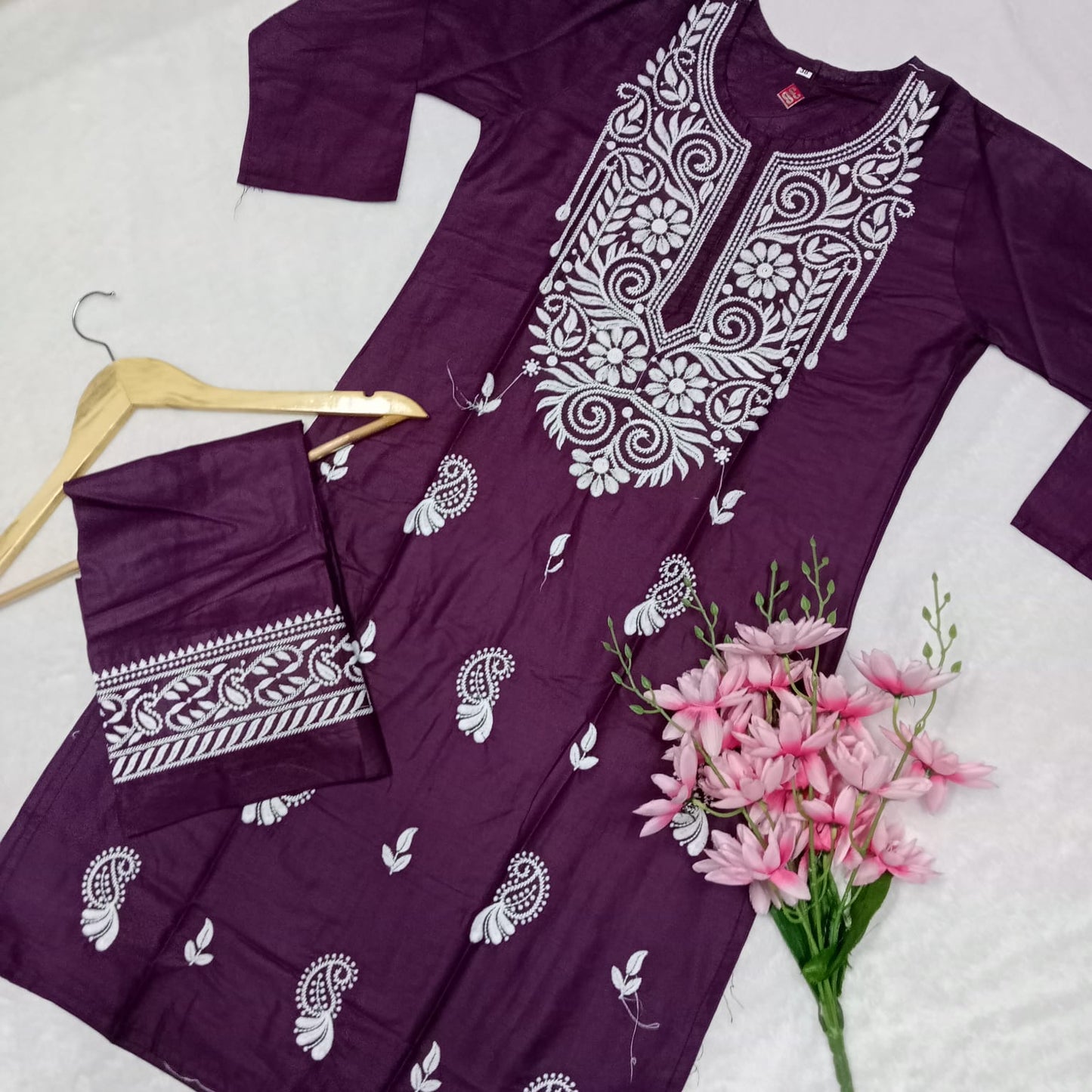 Rayon Chikankari Machine Work Kurti Plazo Set- Wine Colour - Chikankaar