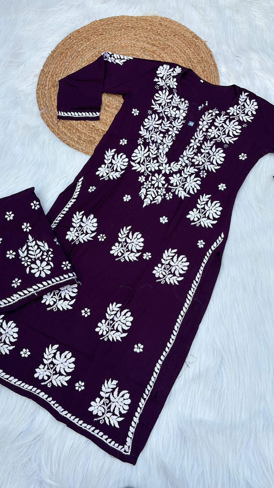 Jannat Soft Rayon Chikankari Kurti Plazo Set -Wine colour - Chikankaar