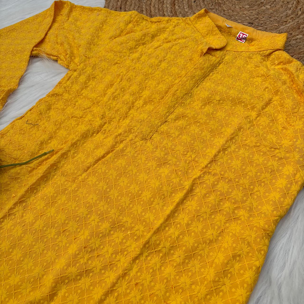Ayaan Mens Cotton Chikankari Kurta - Yellow colour