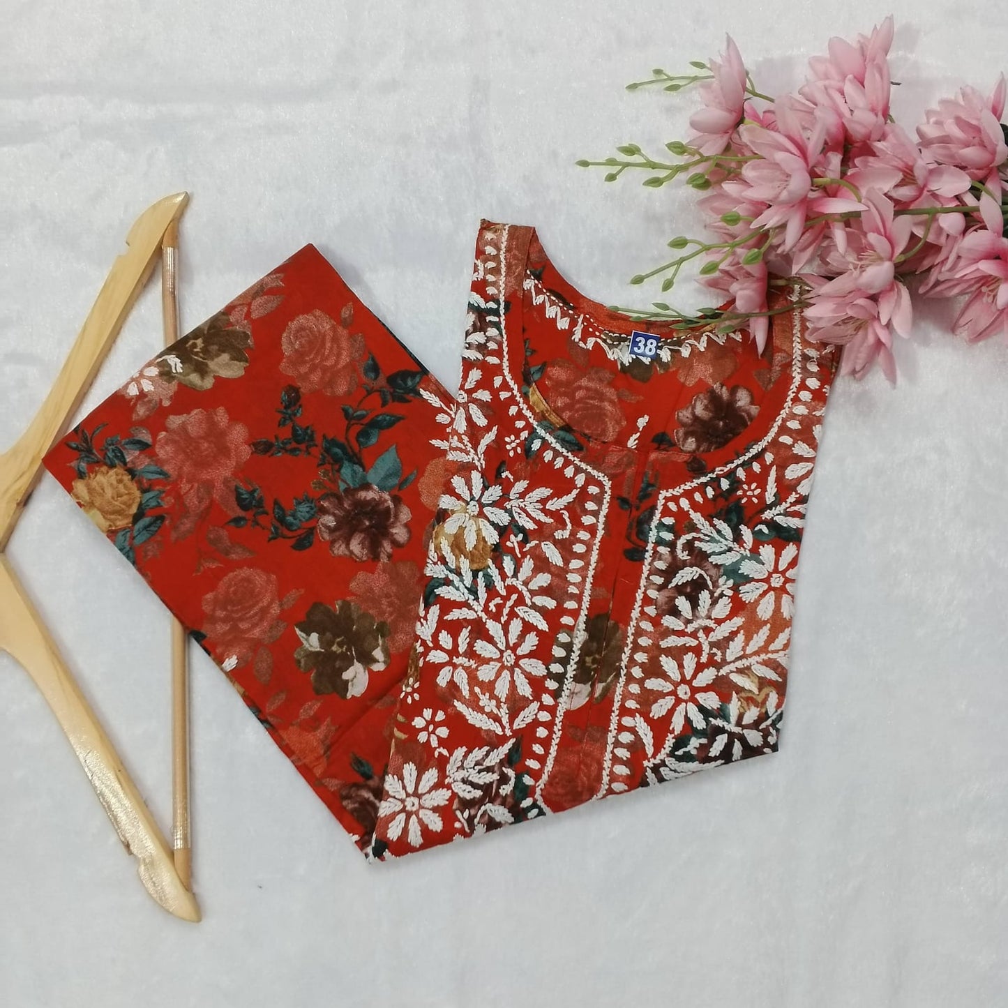 Dhanashree Inspired Mulmul Floral Printed Chikankari Handwork Kurti - Red Colour - Chikankaar