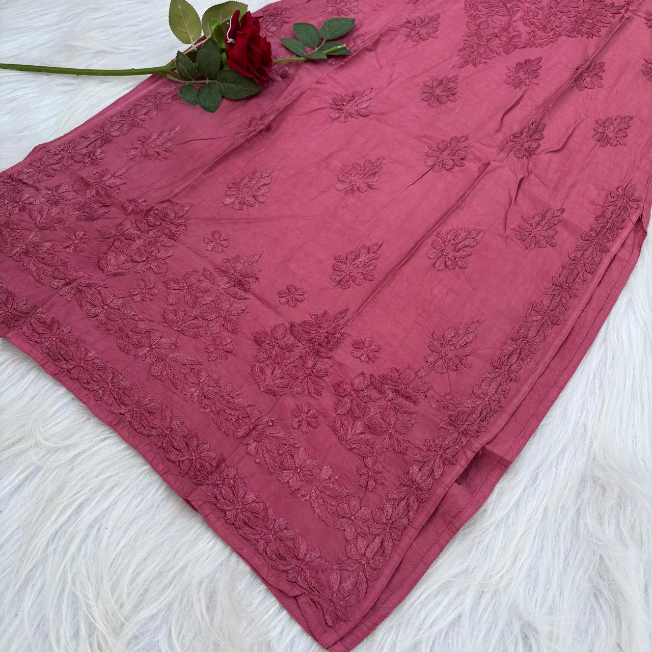 Zooni Chanderi Lucknowi Chikankari Dyed Kurti-Magenta colour