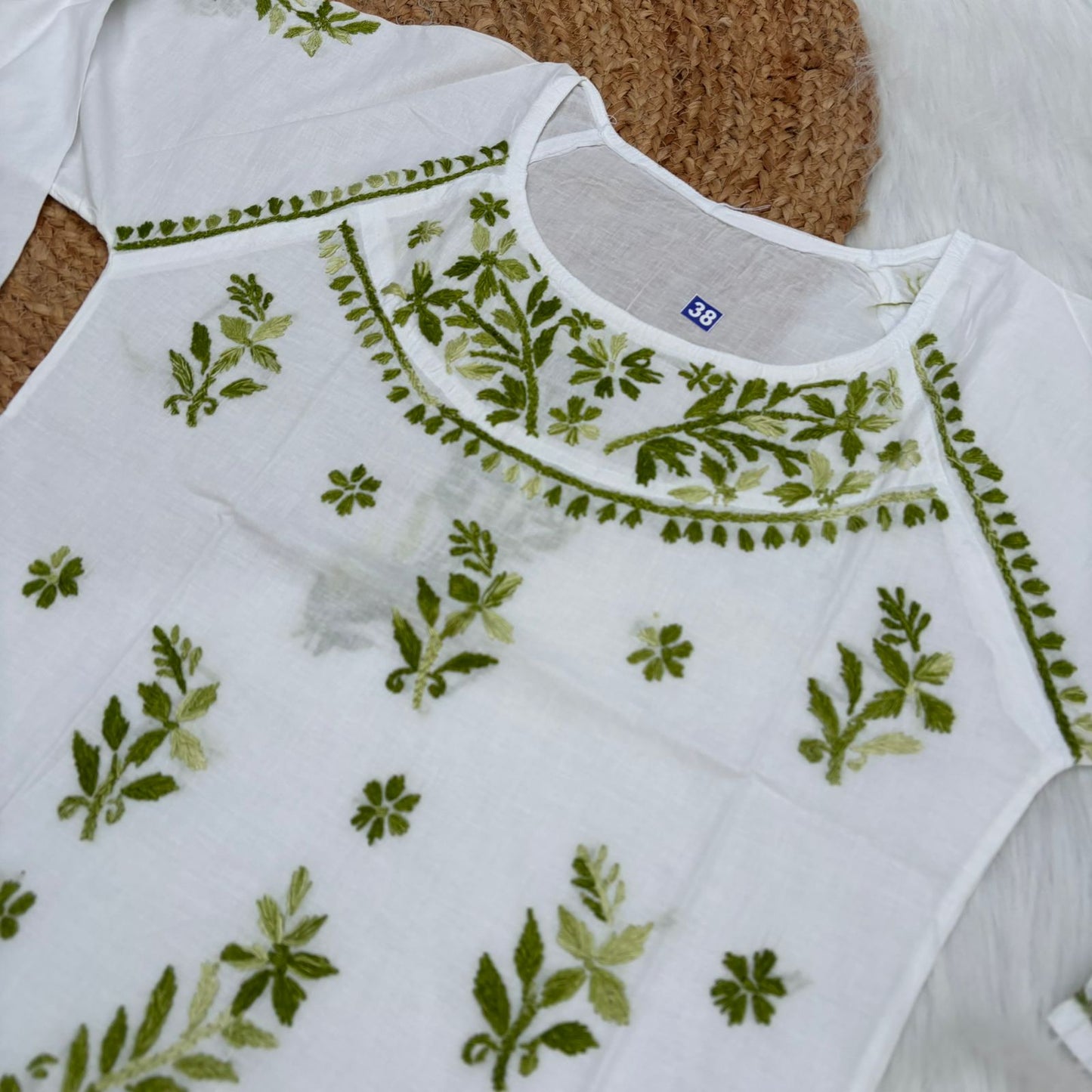 Alia Soft Rayon Chikankari Short Kurti - White Green Color - Chikankaar