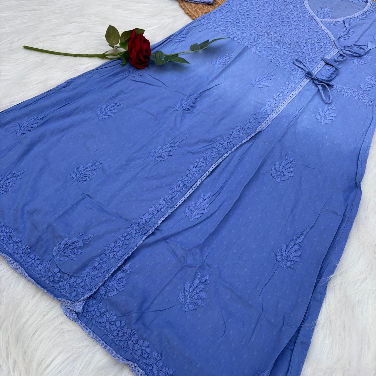 Shazia Ombre Shaded Dobby Cotton Chikankari Angarakha - Ocean Blue Colour