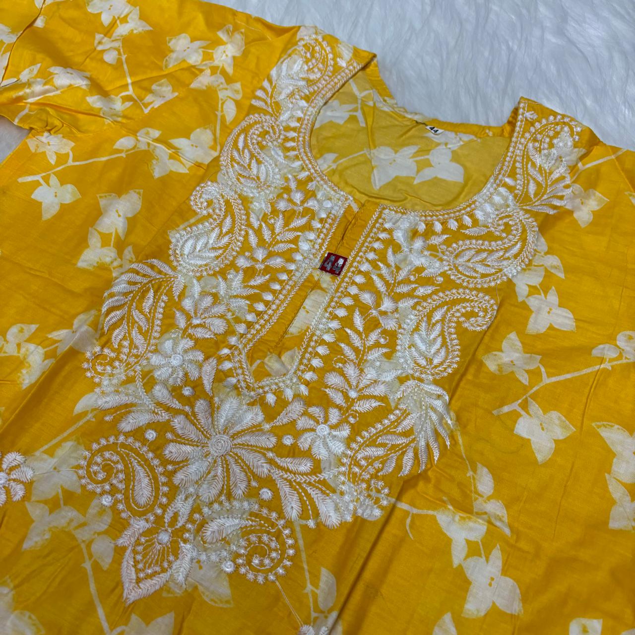 Mulmul Cotton Chikankari Machine Work Kurti - Yellow Colour - Chikankaar