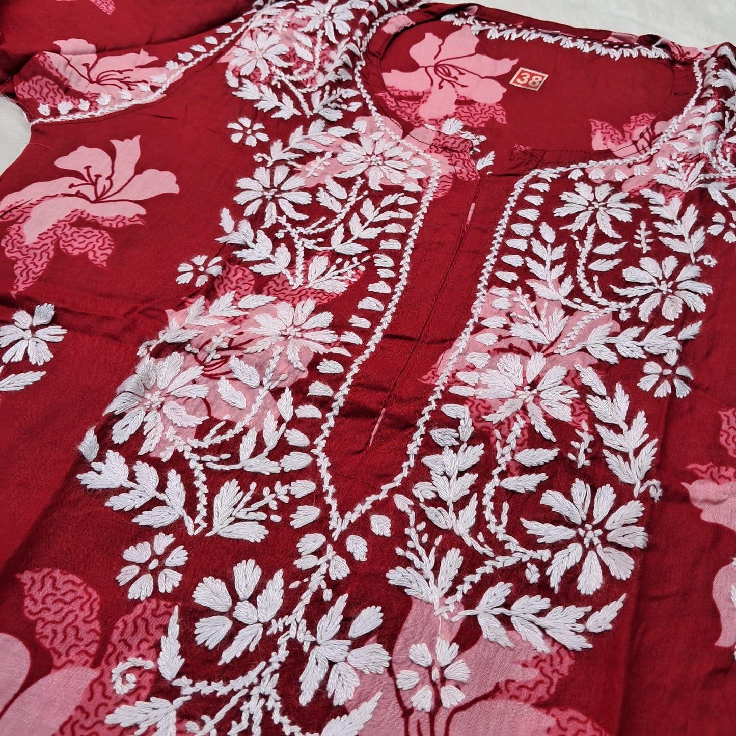 Suhana Khan Inspired Pure Mulmul Chikankari Kurti- Dark Red Colour - Chikankaar