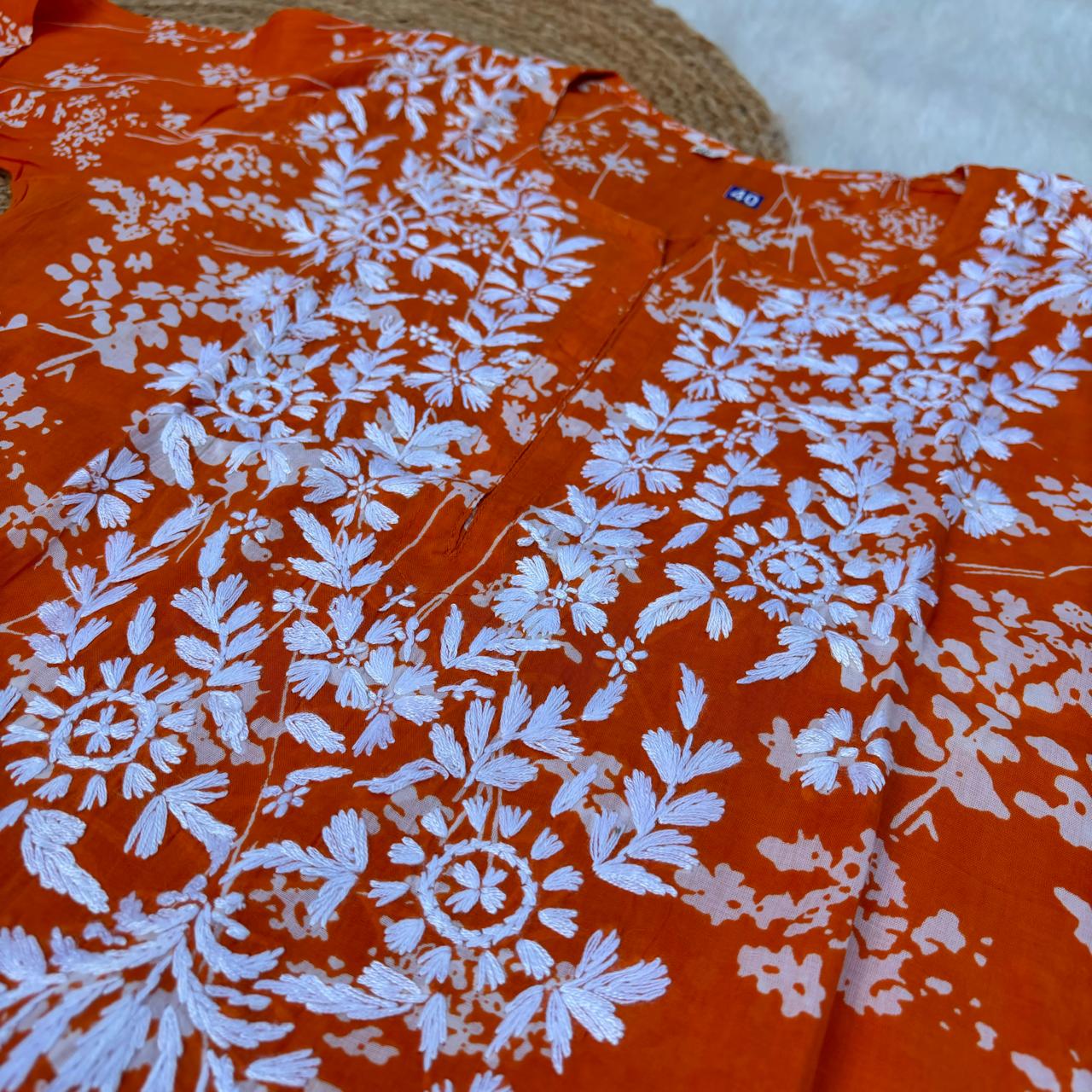 Mahira Sharma Inspired Pure Mulmul Printed Chikankari Handwork Kurti - Orange Colour - Chikankaar