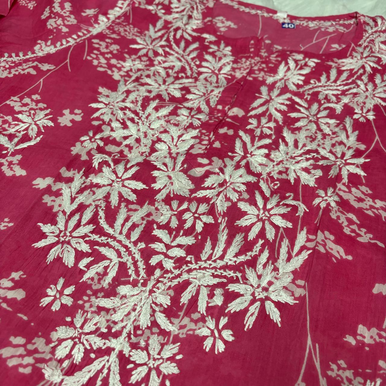 Mahira Sharma Inspired Pure Mulmul Printed Chikankari Handwork Kurti - Pink Colour - Chikankaar