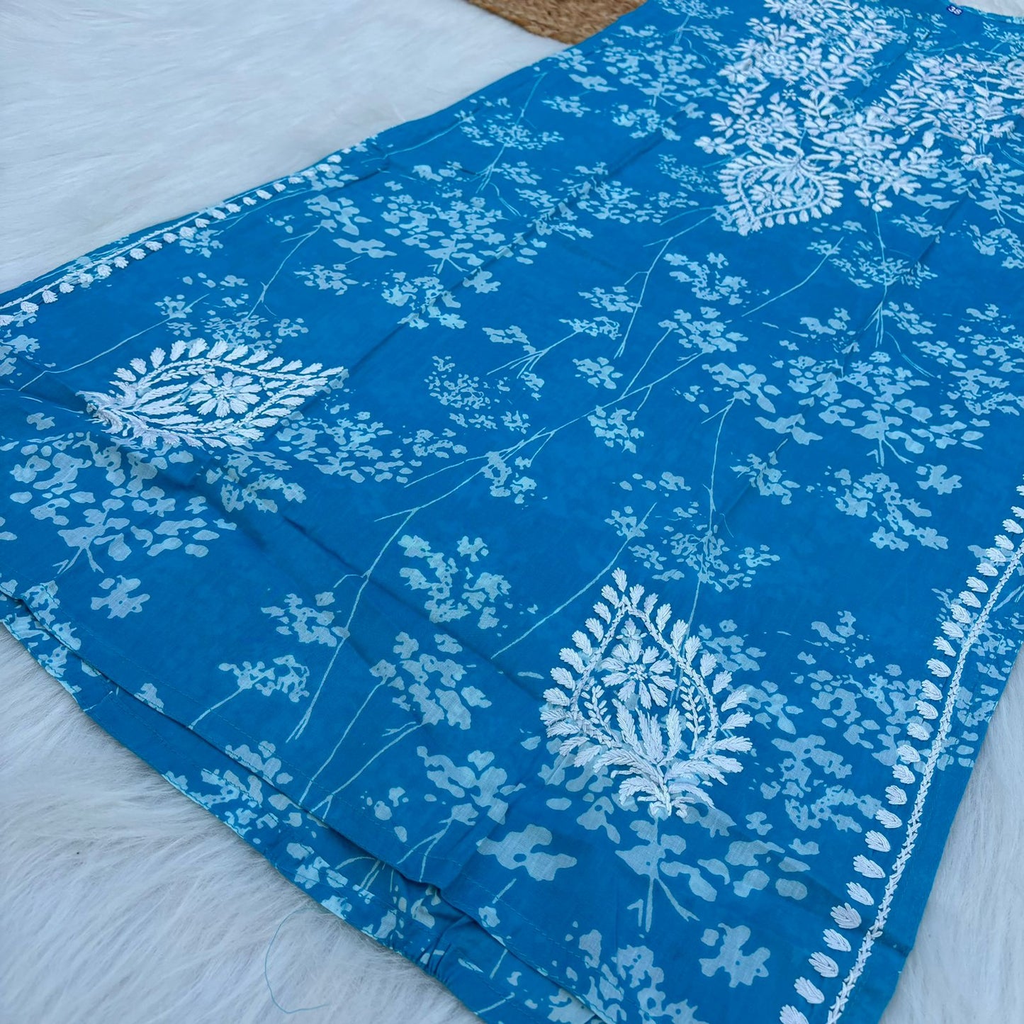 Mahira Sharma Inspired Pure Mulmul Printed Chikankari Handwork Kurti - Blue Colour - Chikankaar
